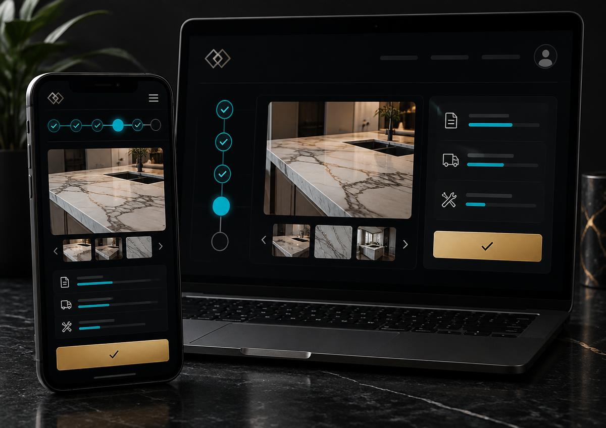 Customer review link on phone and laptop showing the design and the chosen slab