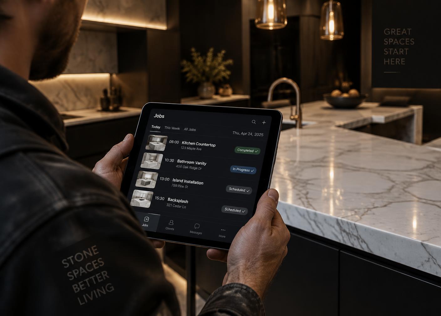Installer holding a tablet with the job schedule in a finished marble kitchen