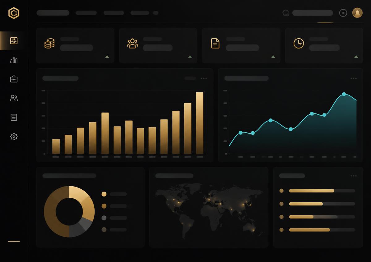Reports dashboard with revenue, margin and job stage charts