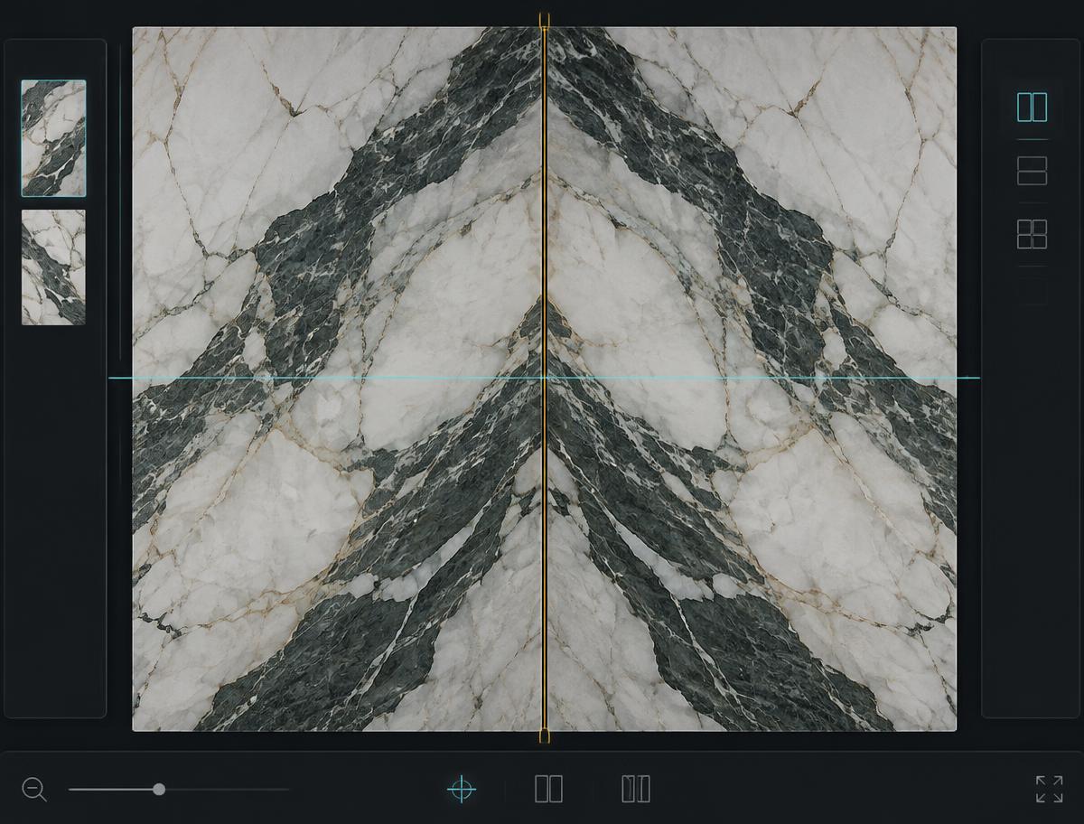 Two marble slabs bookmatched with alignment guides across the seam